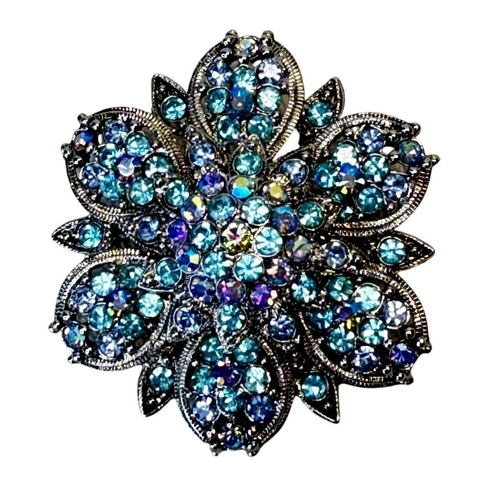 Floral Blue Rhinestone Brooch Statement 2" Silver-Tone Sparkle Fairy‎